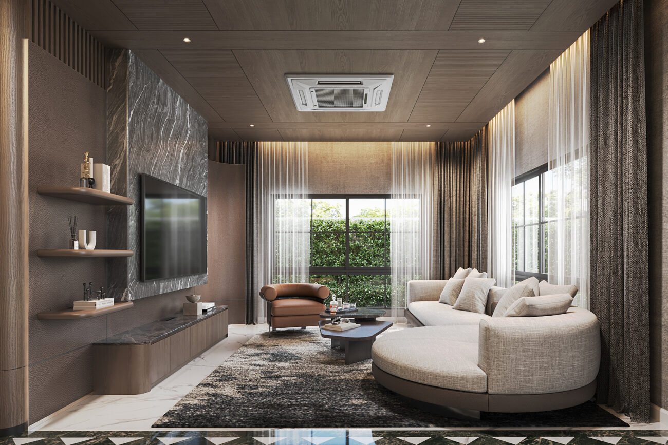 Living room with curved cream sofa and sheer curtains — Gratitude Design