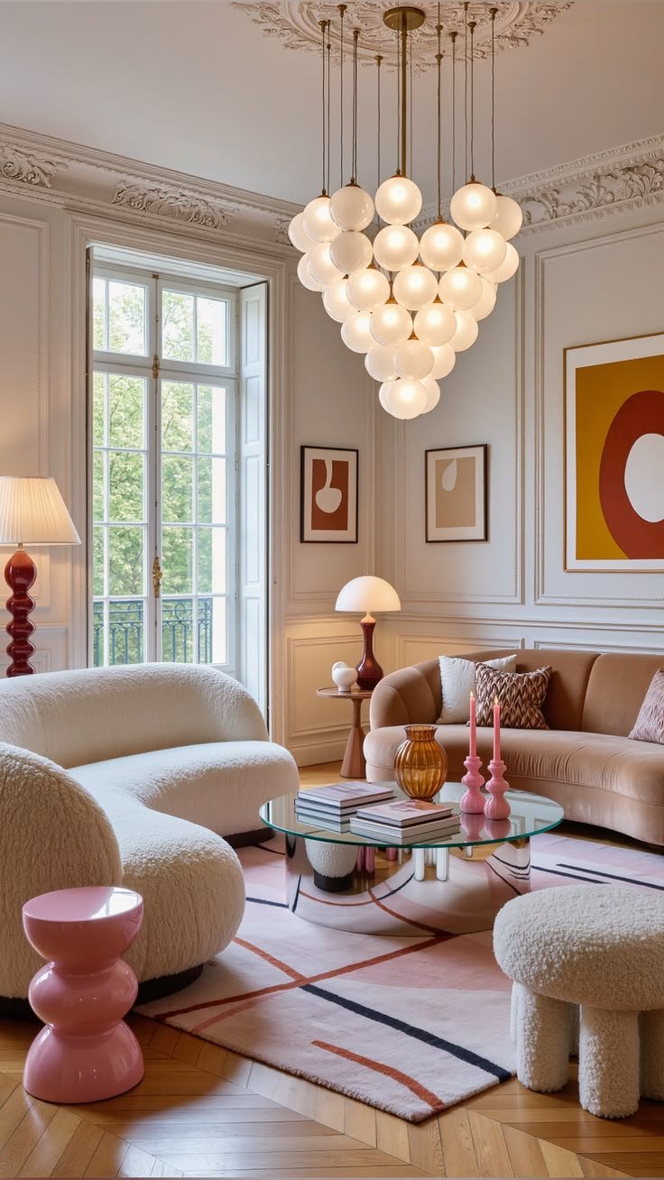 Living room with bubble chandelier