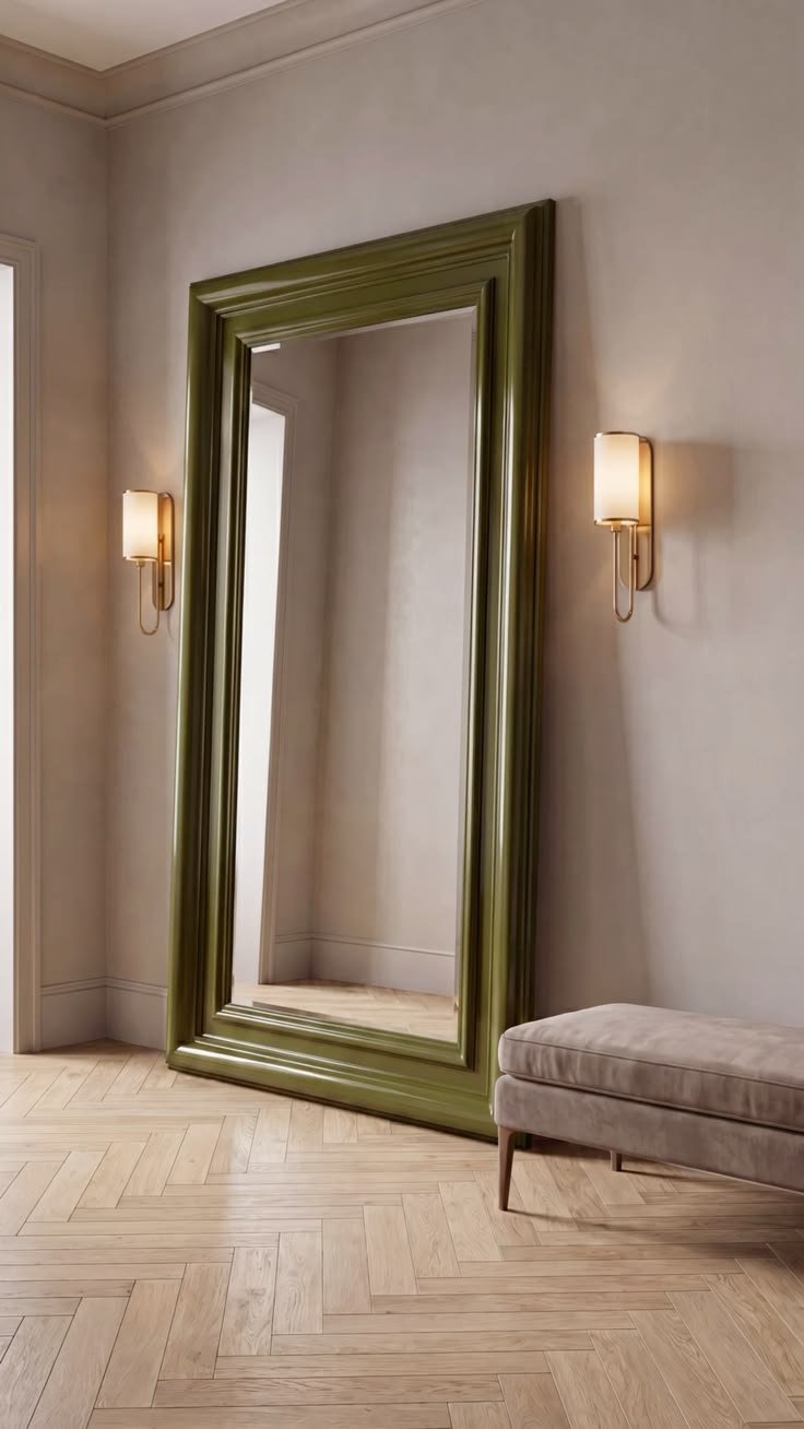 Olive-green framed mirror with sconces