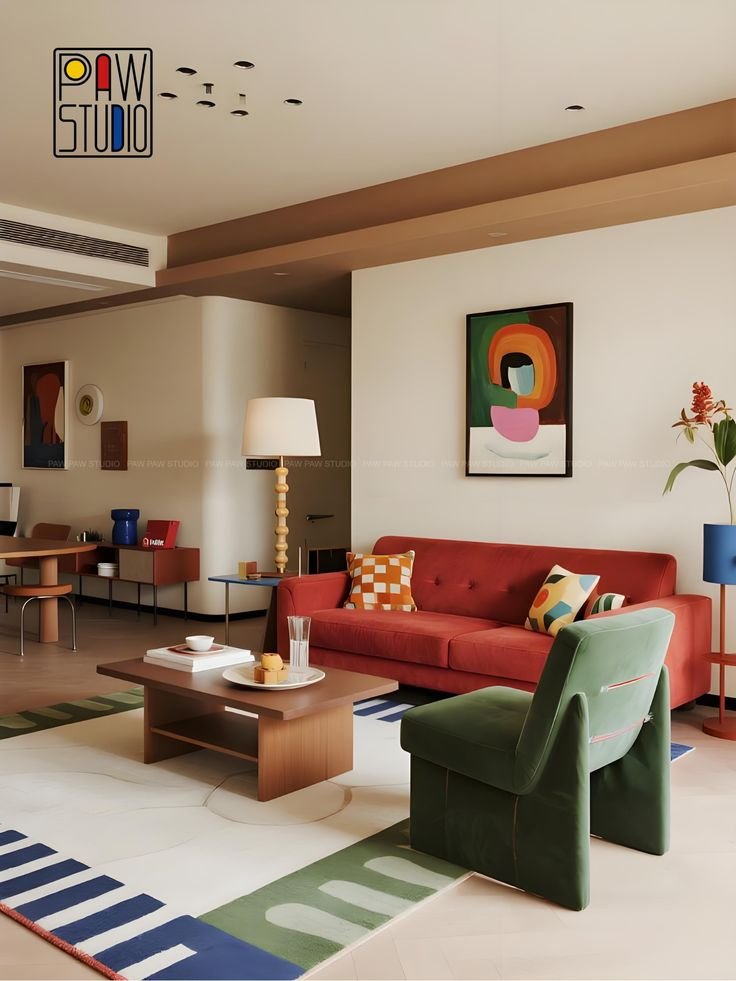 Living room with red sofa and green chair