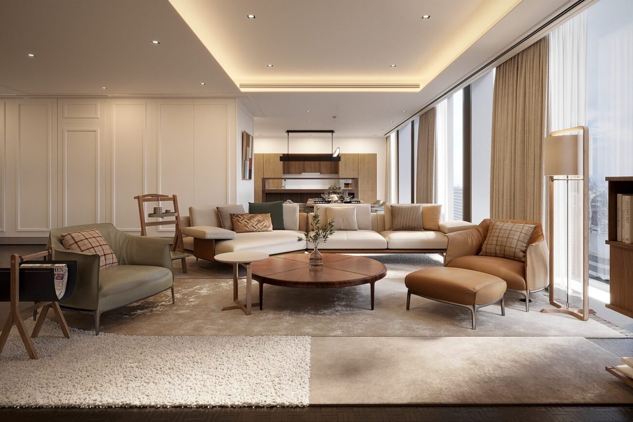 The Ritz-Carlton Residences Bangkok ห้องนั่งเล่นและห้องอาหาร ออกแบบภายในโดย Give Warakorn, Gratitude Design